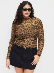 Mesh Leopard Boat Neck Long Sleeve See-through Top With Cami Top Curve & Plus