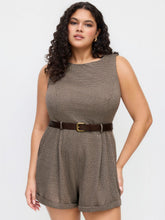 Boat Neck Houndstooth Romper With Belt Curve & Plus