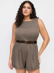 Boat Neck Houndstooth Romper With Belt Curve & Plus