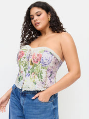 Cotton-blend Collarless Floral Lace Up Drawstring Top Curve & Plus