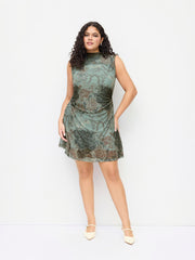 Mesh Stand Collar Floral Ruched Mini Dress Curve & Plus