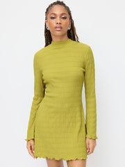 Texture High Neck Bell Sleeve Lettuce Trim Tie Back Mini Dress
