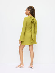 Texture High Neck Bell Sleeve Lettuce Trim Tie Back Mini Dress