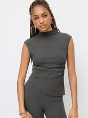 Cotton-blend High Neck Ruched Split Top & Mid Rise Flared Trousers Set