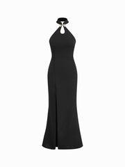 Halter Neckline Metal Detail Split Mermaid Maxi Dress