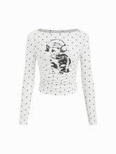 Cotton-blend Polka Dot & Cat Graphic Boat Neck Ruched Top