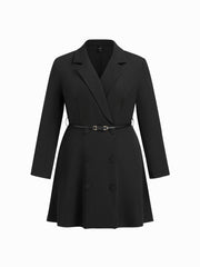 Notched Collar V-neck Double Breasted Mini Blazer Dress With Belt Curve & Plus