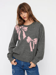 Knit Bowknot Graphic Round Neck Long Sleeve Oversized Sweater