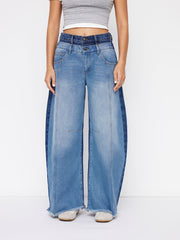 Cider Denim Colorblock Mid Rise Double Waist Barrel-leg Jeans