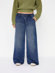 Denim Low Rise Elastic Waist Drawstring Wide Leg Jeans