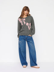 Knit Bowknot Graphic Round Neck Long Sleeve Oversized Sweater