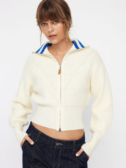 Knit Collar Striped Zip Through Cardigan