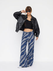 Cider Denim Abstract Wave Low Rise Ripped Wide Leg Jeans