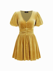 Velvet V-neck Ruched Ruffle Puff Sleeve Mini Dress