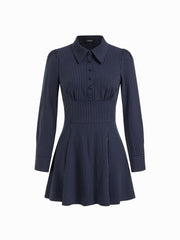 Striped Collar Button Pleated A-line Mini Dress