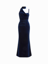 Velvet Halter Neckline Ruched Cami Maxi Dress With Scarf
