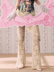 Lace Low Rise Ruched Ruffle Hem Flared Trousers