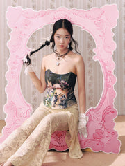 Cotton-blend Figure Oil Painting Lace Up Bandeau Corset