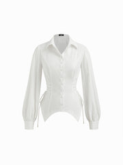 100% Cotton Collar Long Sleeve Lace Up Cinched Waist Blouse
