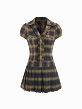 Plaid V-neck Lettuce Trim Pleated Puff Sleeve Mini Dress