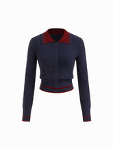 Cable Knit Wool-blend Striped Collar Long Sleeve Button Top