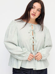 Cotton-blend Stripe Tie Front Bowknot Blouse Curve & Plus