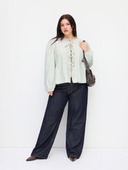 Cotton-blend Stripe Tie Front Bowknot Blouse Curve & Plus