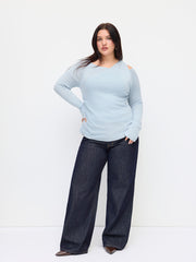 Knit Wool-blend Asymmetrical Neck Ruched Long Sleeve Top Curve & Plus
