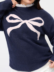 Knit Wool-blend Stand Collar Bowknot Pattern Long Sleeve Oversized Sweater Curve & Plus