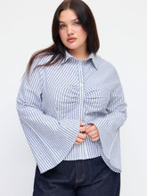 Cotton-blend Collar Stripe Ruched Bell Sleeve Shirt Curve & Plus