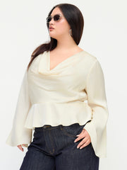 Satin Cowl Neckline Ruffle Hem Long Sleeve Blouse Curve & Plus