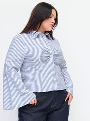 Cotton-blend Collar Stripe Ruched Bell Sleeve Shirt Curve & Plus