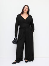V-neck Wrap Knotted Long Sleeve Top & Mid Rise Straight Leg Trousers Set Curve & Plus