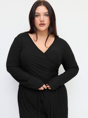 V-neck Wrap Knotted Long Sleeve Top & Mid Rise Straight Leg Trousers Set Curve & Plus
