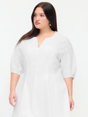 Linen-blend V-neck Lantern Mid-length Sleeve Mini Dress Curve & Plus