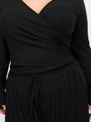 V-neck Wrap Knotted Long Sleeve Top & Mid Rise Straight Leg Trousers Set Curve & Plus
