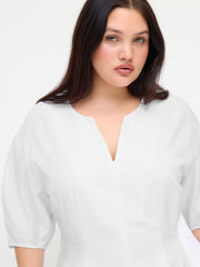 Linen-blend V-neck Lantern Mid-length Sleeve Mini Dress Curve & Plus