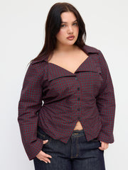 100% Cotton Collar Check Long Bell Sleeve Blouse Curve & Plus