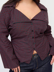 100% Cotton Collar Check Long Bell Sleeve Blouse Curve & Plus
