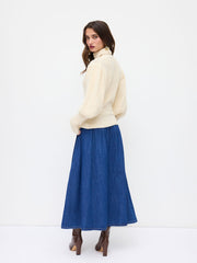 Knit High Neck Lantern Long Sleeve Cinched Waist Top