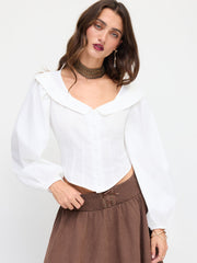 Cotton-blend Collar Solid Button Long Sleeve Blouse