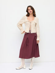 Mid Rise Lace Up Elastic Waist A-line Midi Skirt