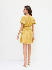 Velvet V-neck Ruched Ruffle Puff Sleeve Mini Dress