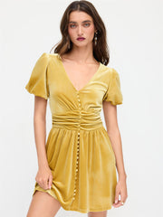 Velvet V-neck Ruched Ruffle Puff Sleeve Mini Dress