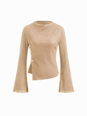 Texture Stand Collar Bell Sleeve Split Side Metal Button Top