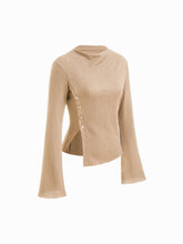 Texture Stand Collar Bell Sleeve Split Side Metal Button Top