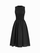 Cotton-blend Round Neckline Shirred Ruffle Midi Dress