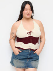Knit Halter Neck Crochet Stripe Wave Trim Top Curve & Plus