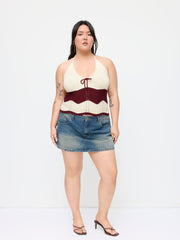 Knit Halter Neck Crochet Stripe Wave Trim Top Curve & Plus