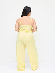V-neck Pointelle Bowknot Cami Top & Mid Rise Lace Trim Wide Leg Trousers Loungewear Set Curve & Plus
